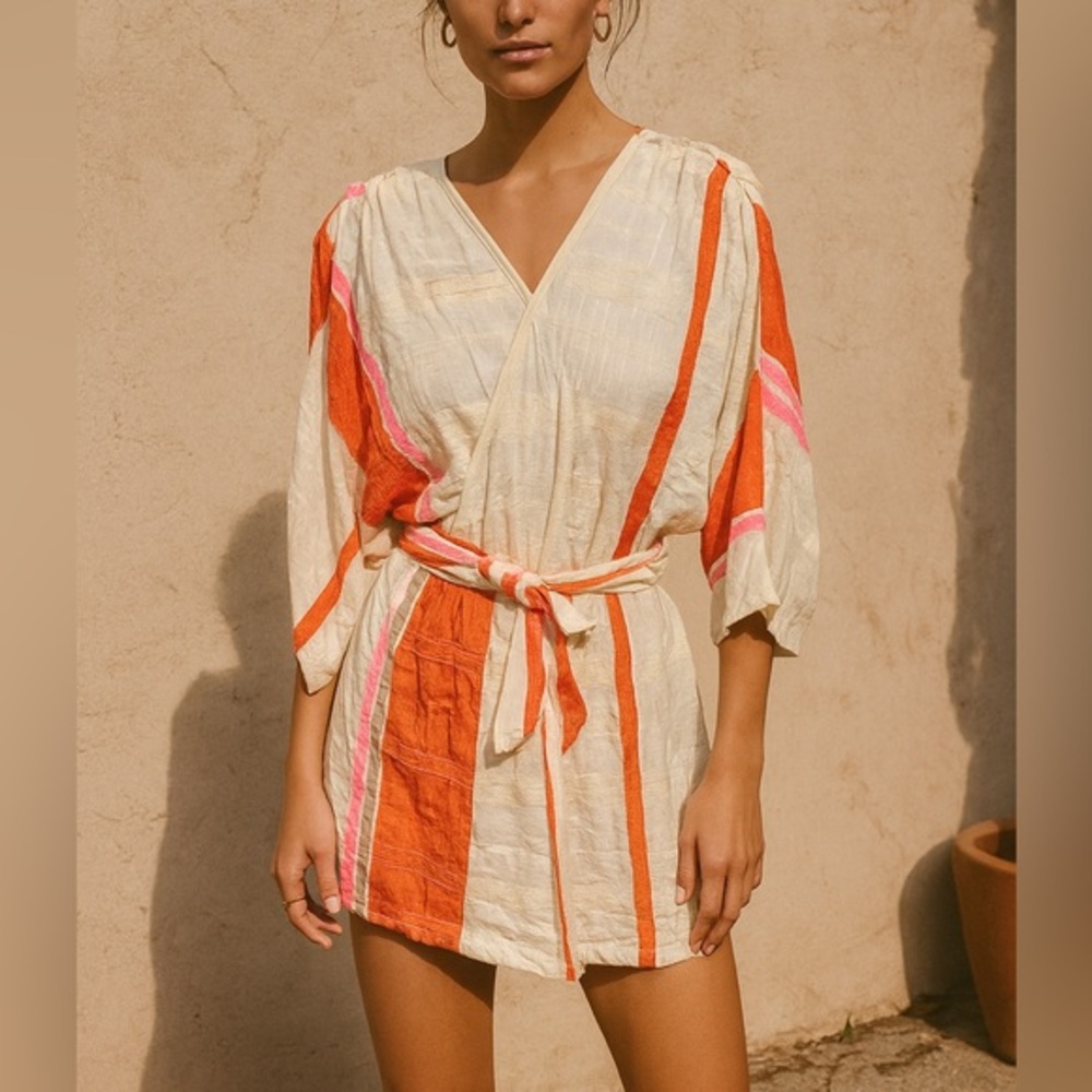 Ace & Jig Belted Tunic Dress Women's Small Cream Stripe Gauze Boho Chic Style